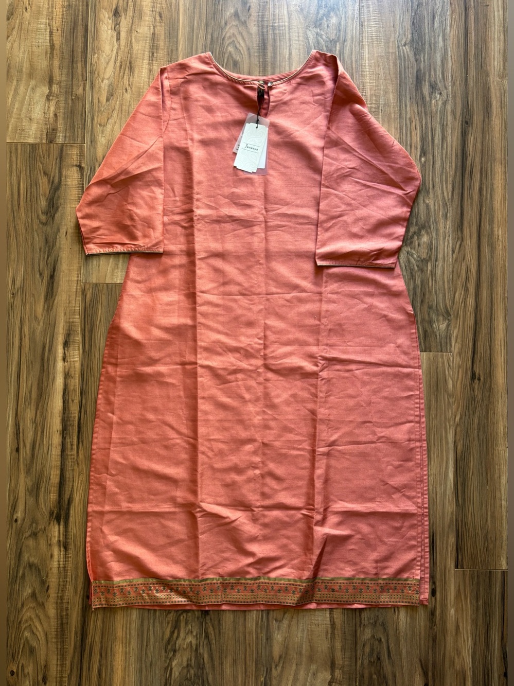 NWT Janasya Women's Coral Pink Embroidered Kurta Indian Tunic Dress 3X